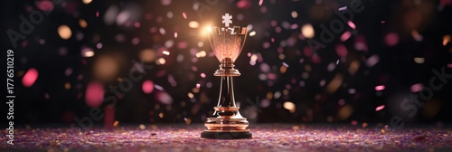 Shiny trophy on confetti covered surface with glittering highlights