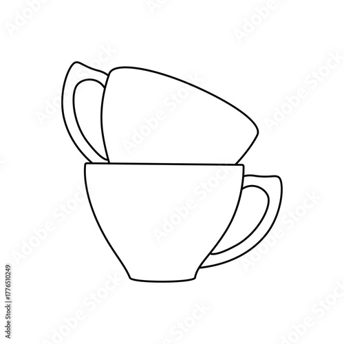Stacked teacups line art illustration. Simple black outline drawing of coffee or tea cups for cafe design, kitchen decor, or coloring pages.