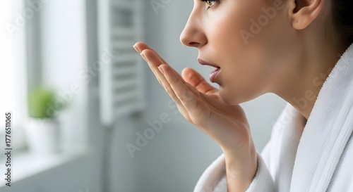 Woman Checking Breath in Hand: Bad Breath Problem, Oral Hygiene, and Morning Confidence Routine