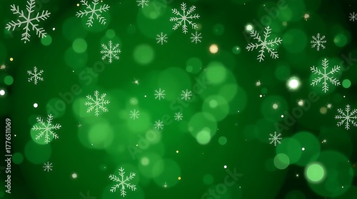 Green christmas background with falling snowflakes and bokeh lights