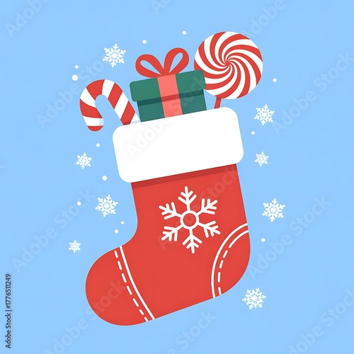 Christmas stocking filled with holiday treats and gift on blue