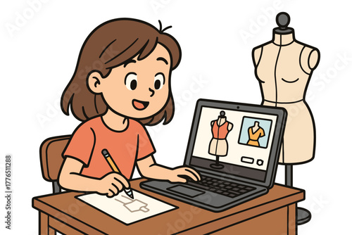 Young girl designing clothes on laptop with drawing and mannequin nearby
