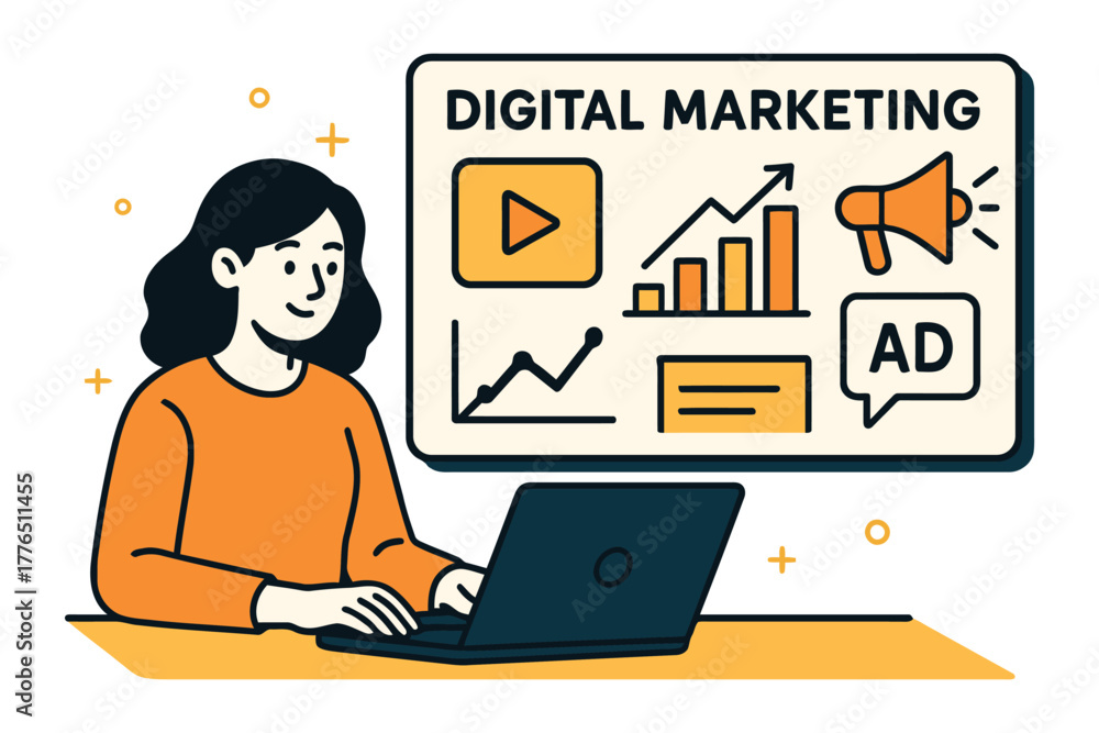 Fototapeta premium Woman working on laptop with digital marketing concepts on screen