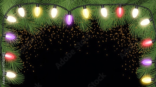 Christmas lights on pine branches with glitter, festive holiday frame