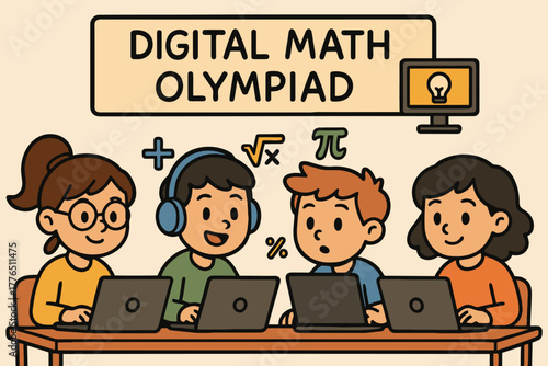 Diverse group of children participating in a digital math olympiad competition online
