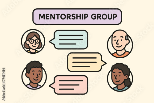 Diverse mentorship group communicating ideas through chat bubbles