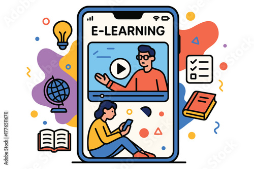 Smartphone e learning concept with students and online education icons