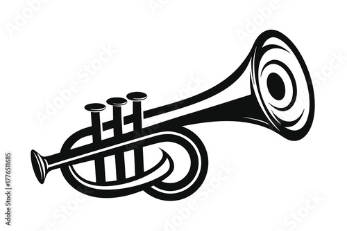 Stylized black and white illustration of a classic trumpet musical instrument