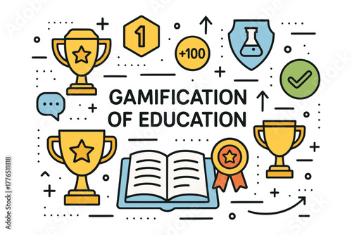 Gamification of education concept with trophies books and achievement icons