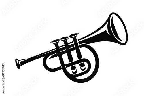Classic black silhouette of a trumpet musical instrument on a clean white background