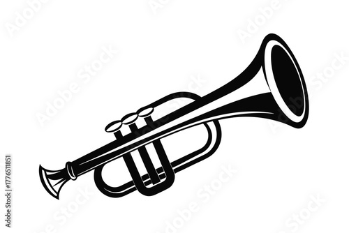 Classic black silhouette of a brass trumpet musical instrument on a white background