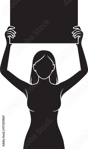 Strong female silhouette leading a diverse crowd, holding a blank banner high for a cause, symbolizing protest, social justice, women's rights, and collective empowerment. a powerful vector i