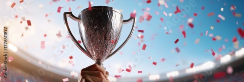 Triumphant victory celebration with trophy and confetti