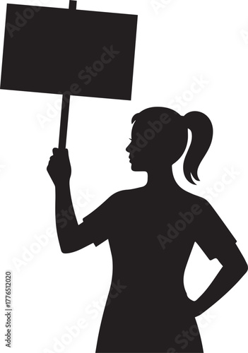 Silhouette of a determined woman activist holding a blank protest sign high above her head, leading a diverse group of people in a peaceful demonstration for social change, equality, and human rights