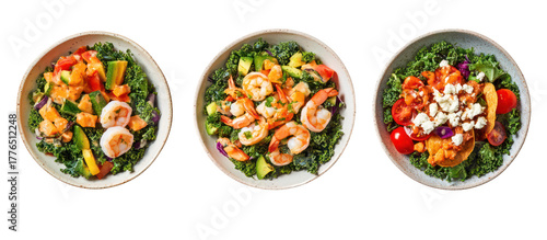 Panel kuchenny z motywem Three oval bowls of fresh salad with shrimp and vegetables isolated on transparent background
