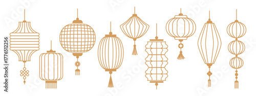 Collection of Chinese Lanterns in different shapes. Chinese New Year icons, symbols and decoration. Classic Asian lantern. Flat linear minimalist geometric vector illustration