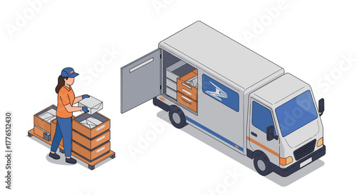 Delivery worker loading packages into a postal truck in isometric style