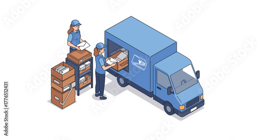Isometric delivery service concept with workers organizing packages and truck