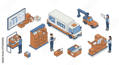 Isometric delivery and mail service with vehicles, packages, and workers