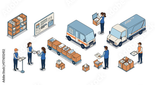 Isometric logistics scene with delivery vehicles and warehouse workers in action
