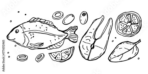 Fish dishes, hand drawn doodle sketch. Fish, lemon, herbs, olives. Overhead view of Ingredients for grill. For menu, cafe, restaurant, poster, banner, emblem, sticker. Seafood Mediterranean cuisine