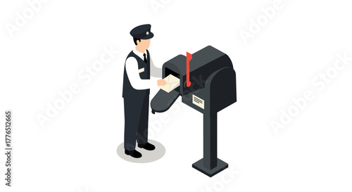 Mail carrier delivering letter to isometric mailbox
