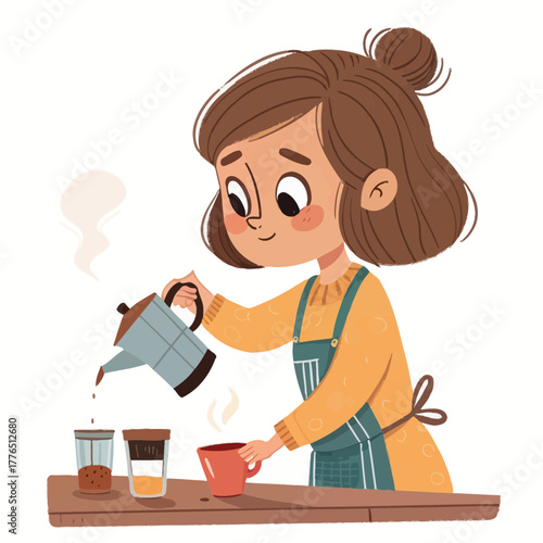 A cartoon girl pouring coffee into a red mug