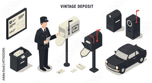 Vintage mail delivery isometric scene with postman, mailboxes, and classic car