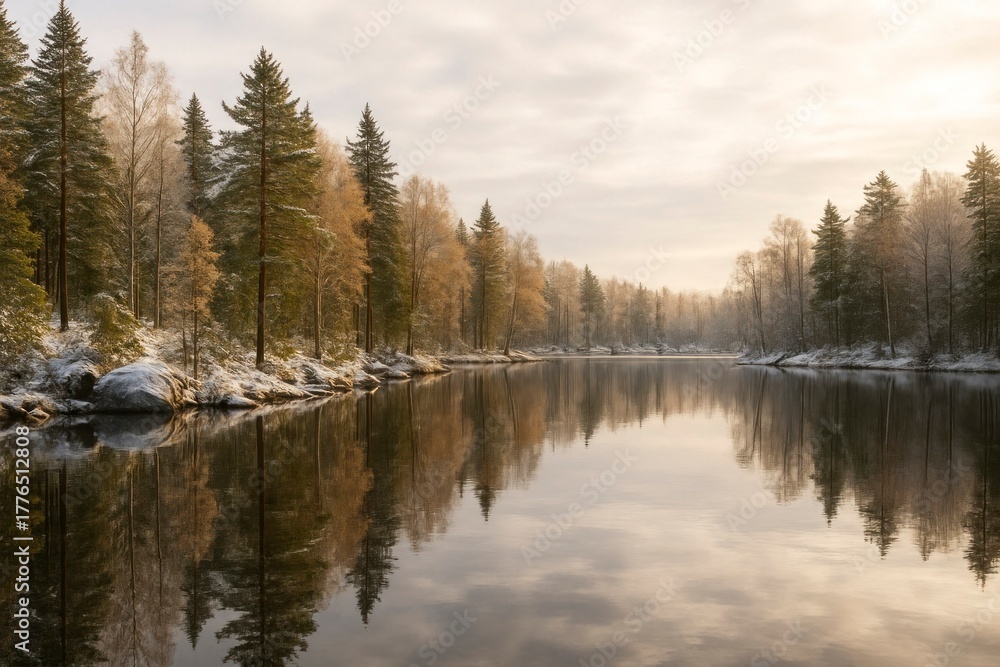 Fototapeta premium Lake Shore with First Snow