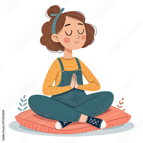 A meditating cartoon girl in lotus pose on a cushion