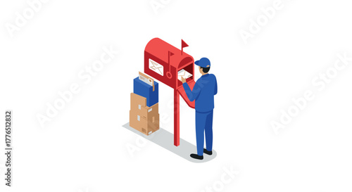 Isometric mailbox scene with mail carrier and packages