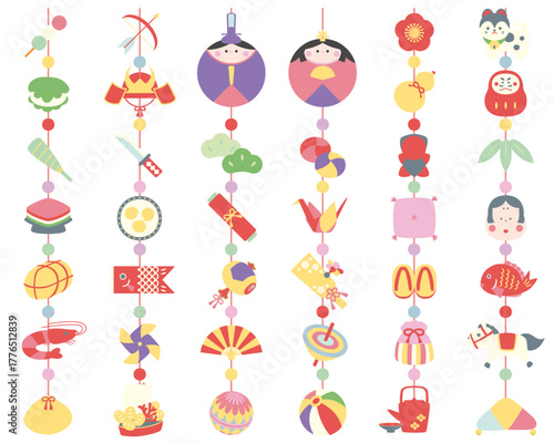 可愛いひなまつりの吊るし雛アイコンセットパステルカラー1