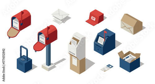 Isometric mailbox and postal elements set in contemporary design