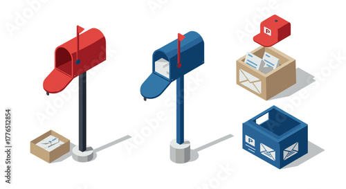 Isometric mailboxes and parcel boxes modern postal package icons