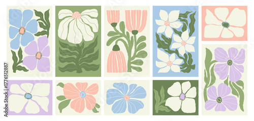 Abstract Groovy Flowers. Folk art. Contemporary  Organic poster set. Hand Drawn doodle in naive trendy retro hippie 60s 70s. Vector Illustration. Not AI