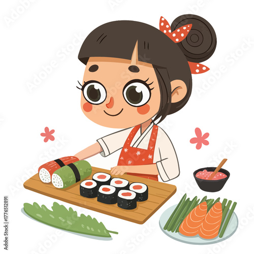Cartoon chef making sushi with variety of ingredients