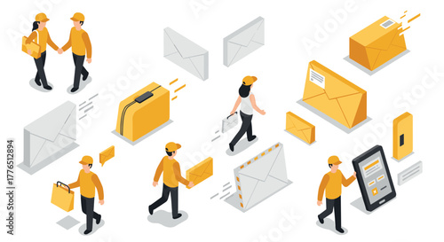 Isometric mail and delivery service with envelopes, packages, and couriers in yellow