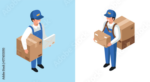 Delivery workers in isometric style carrying boxes and parcels on split background