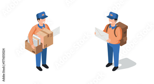 Isometric mail delivery workers with packages and envelopes on a white background