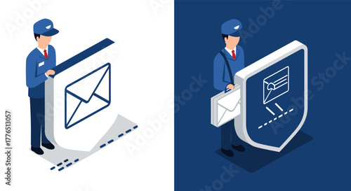 Mail delivery service concept with isometric postman holding envelope and shield icon