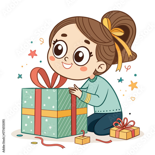 Cartoon girl with a gift present opening the surprise