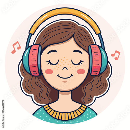 Cartoon girl with headphones listening to music happily