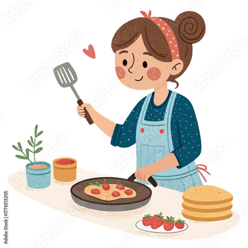 Cartoon woman cooking pancakes with strawberries in the kitchen