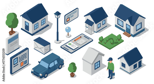 Isometric residential icons set houses, vehicles, and nature elements
