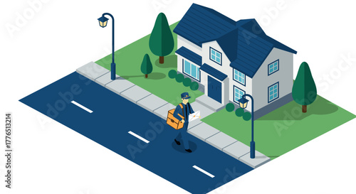 Isometric mailman delivering mail to suburban house