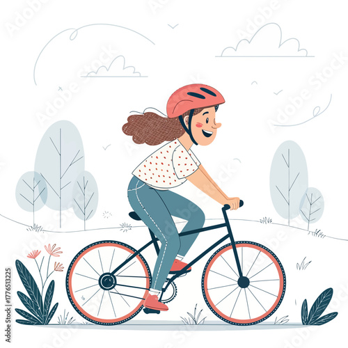 Cartoon woman cycling happily through a sunny outdoor park
