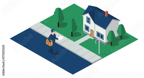 Postal worker delivering mail in suburban neighborhood isometric design