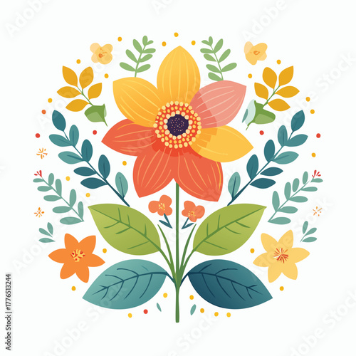 Artistic rendering of a symmetrical flower bouquet in a modern Scandi folk art style, isolated design element