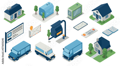 Modern isometric mail delivery system with houses and delivery vehicles
