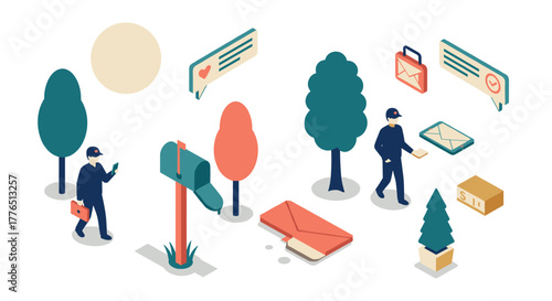 Isometric mail delivery service with trees and icons